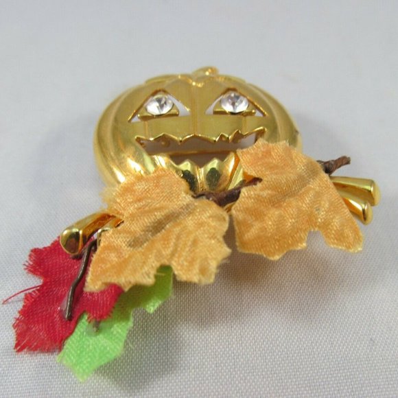 Pumpkin Brooch with Rhinestone Eyes Autumn Leaves - Picture 6 of 11